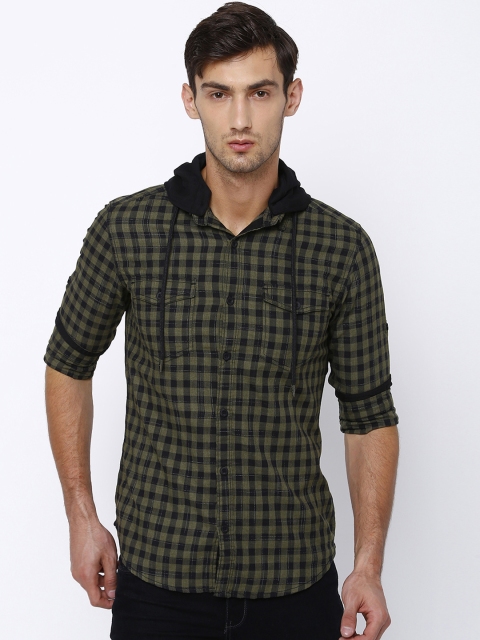 

LOCOMOTIVE Men Olive Green & Black Slim Fit Checked Casual Shirt