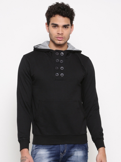 

FIFTY TWO Men Black Solid Hooded Sweatshirt
