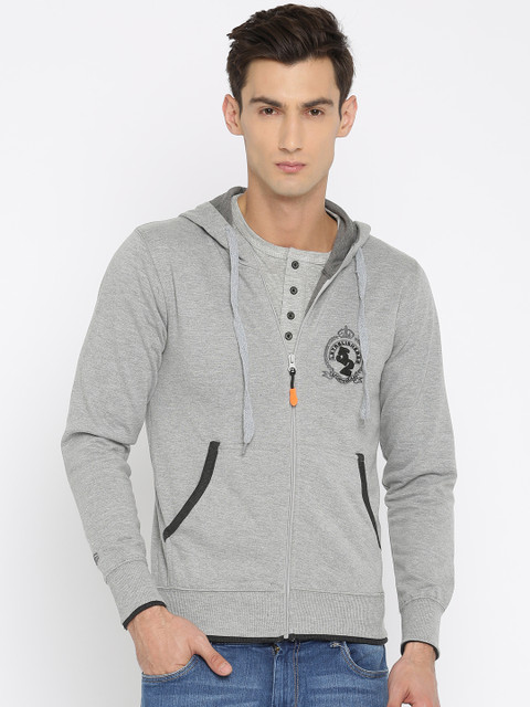 

FIFTY TWO Men Grey Solid Hooded Sweatshirt