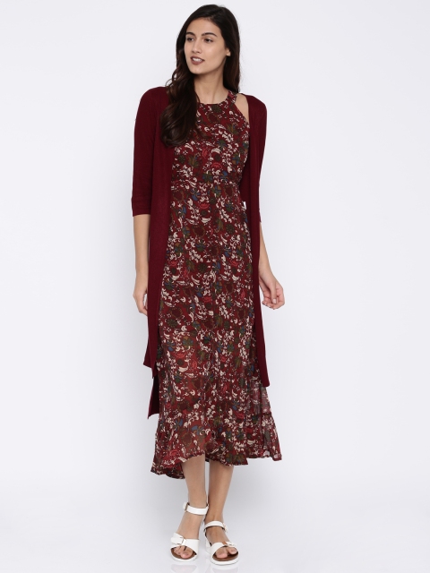 

CODE by Lifestyle Maroon Solid Open Front Longline Shrug