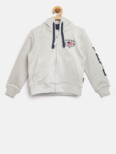 

U.S. Polo Assn. Kids Boys Grey Melange Printed Back Hooded Sweatshirt