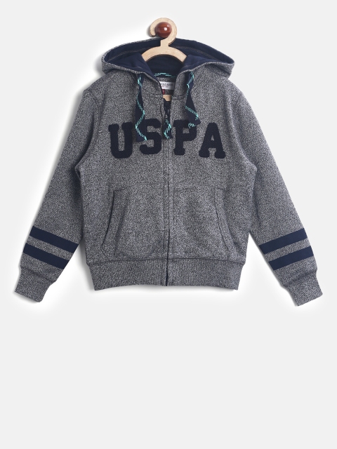 

U.S. Polo Assn. Kids Boys Grey Melange Solid Hooded Sweatshirt