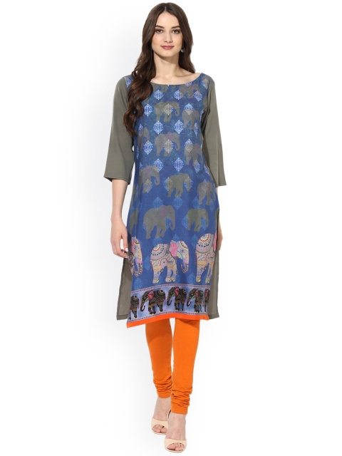 

Vaamsi Women Blue & Taupe Printed Straight Kurta