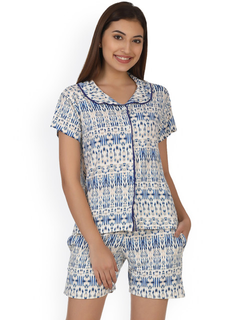 

Clovia White & Blue Printed Lounge Set LS0025P18