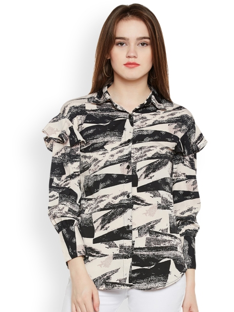 

Oxolloxo Women Beige & Black Regular Fit Printed Casual Shirt