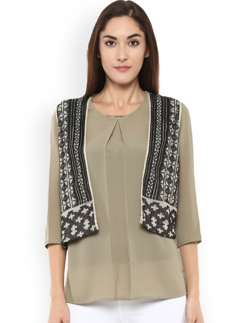 

Label Ritu Kumar Women Black Self Design Open Front Jacket