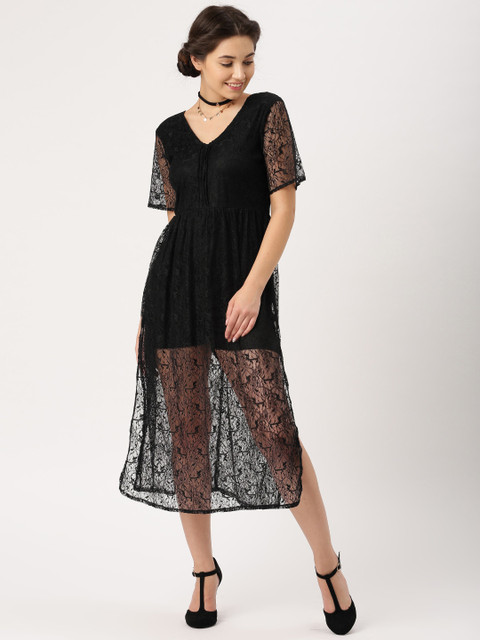 

DressBerry Women Black Self-Design A-Line Dress