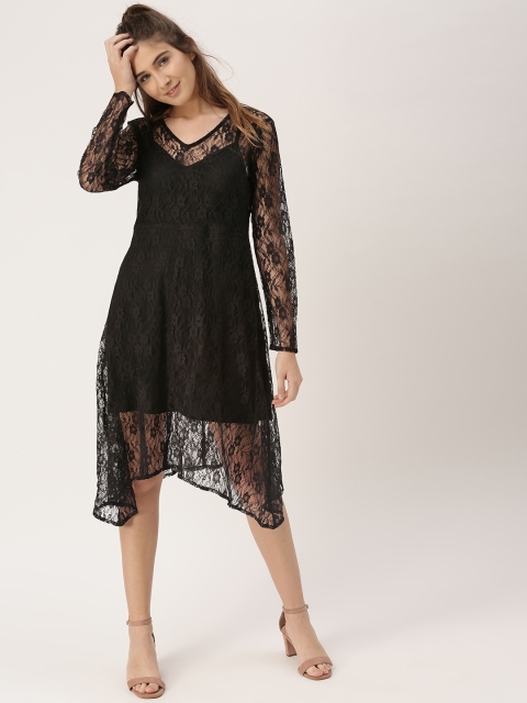 

DressBerry Women Black Self Design A-Line Dress