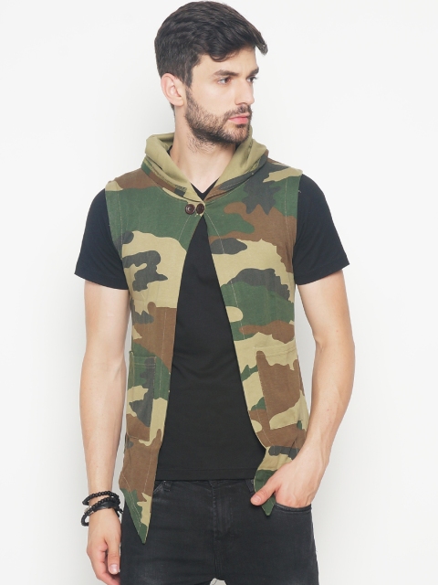 

Men Green & Beige Camo Printed Open Front Hooded Sleeveless Shrug