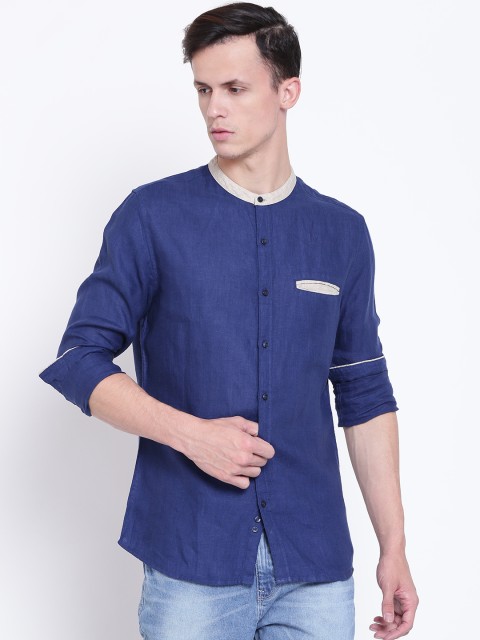 

United Colors of Benetton Men Blue Regular Fit Solid Linen Casual Shirt