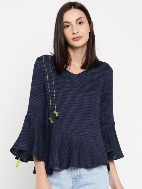 

Global Desi Women Navy Blue Self Design Top