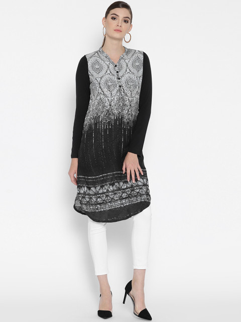 

Global Desi Women Black & White Printed Straight Kurta