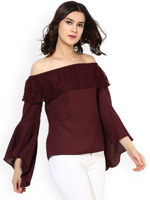 

Besiva Women Burgundy Solid Bardot Top