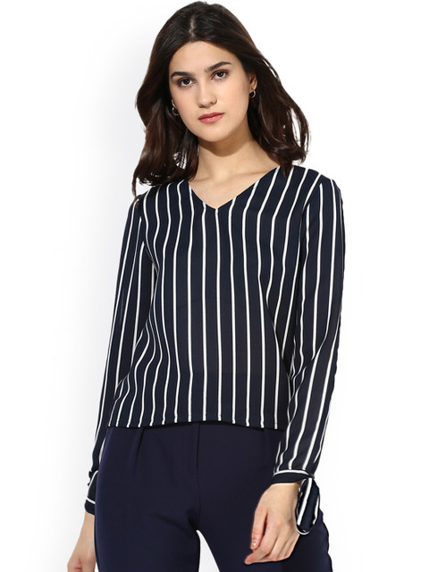 

Besiva Women Navy Blue & White Striped Top