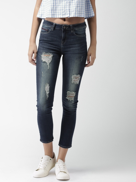 

Harvard Women Blue Skinny Fit Mid-Rise Highly Distressed Cropped Stretchable Jeans