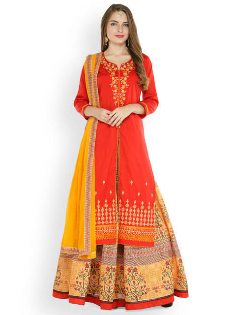 

Kvsfab Orange & Yellow Silk Blend Semi-Stitched Dress Material