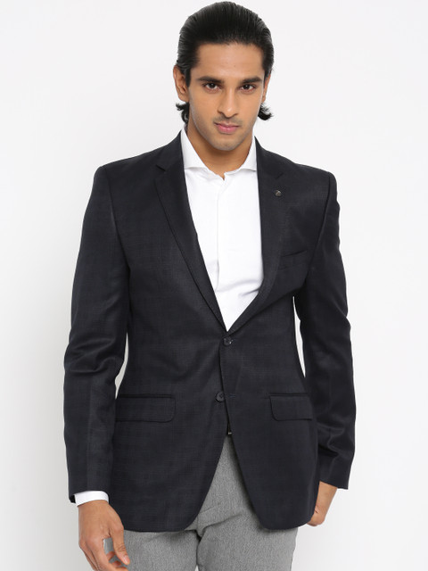 

Raymond Navy Checked Tailored Contemporary Fit Single-Breasted Formal Blazer, Navy blue