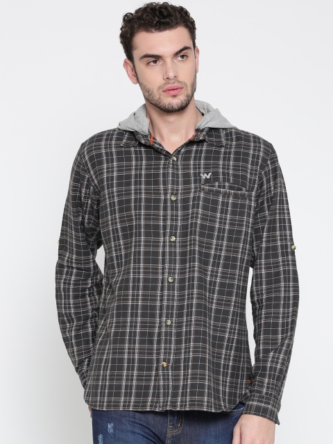 

Wildcraft Men Charcoal Grey Checked Casual with Detachable Hood Fln Shirt