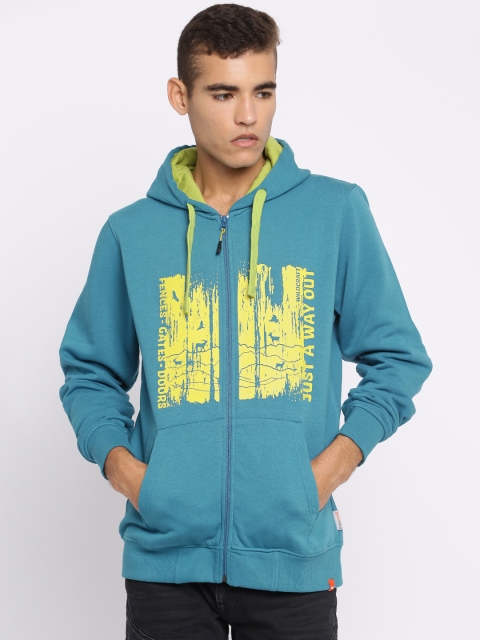 

Wildcraft Men Teal Blue Printed Hooded H_Wall Sweatshirt