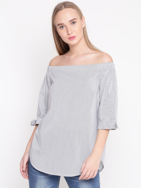 

United Colors of Benetton Women White & Black Striped Bardot Top