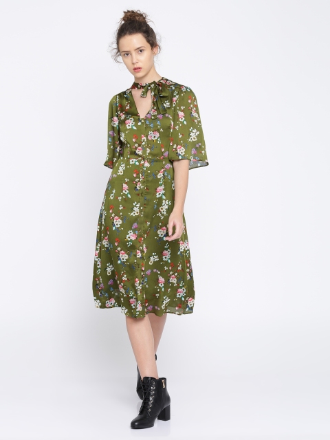 

MANGO Women Green Printed Shirt Dress