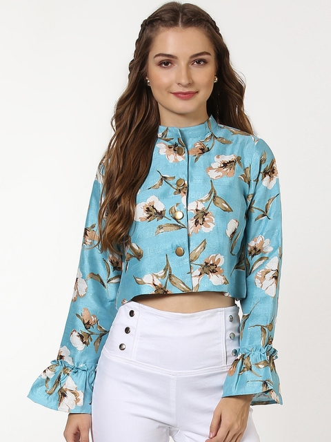 

SASSAFRAS Women Turquoise Blue Floral Print Tailored Jacket