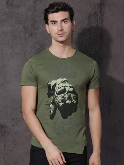 

Roadster Men Green Printed Round Neck T-Shirt