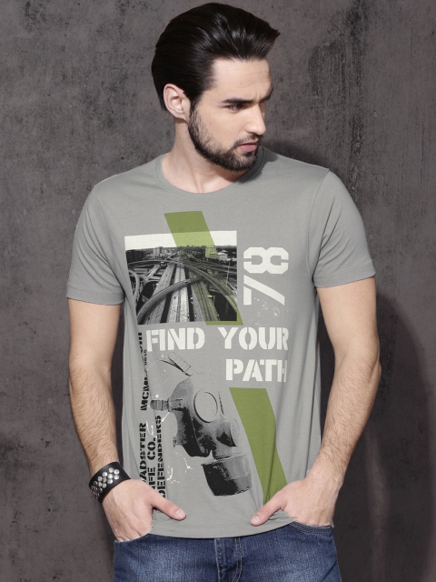 

Roadster Men Grey Printed Round Neck T-shirt