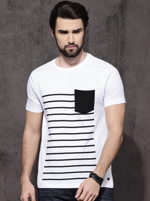 

Roadster Men White Striped Round Neck T-shirt