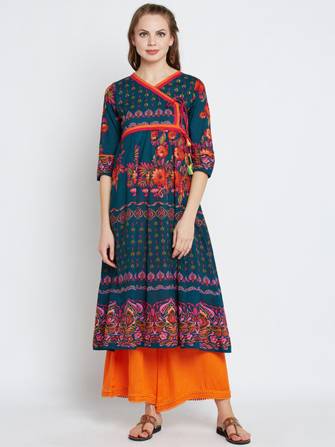 

Rain & Rainbow Women Teal Blue Printed Straight Kurta