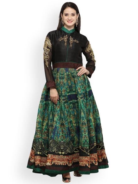 

RIYA Black & Green Silk Blend Unstitched Gown Dress Material