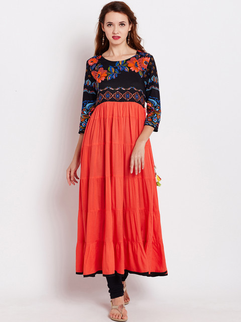 

Rain & Rainbow Women Orange & Black Printed Anarkali Kurta