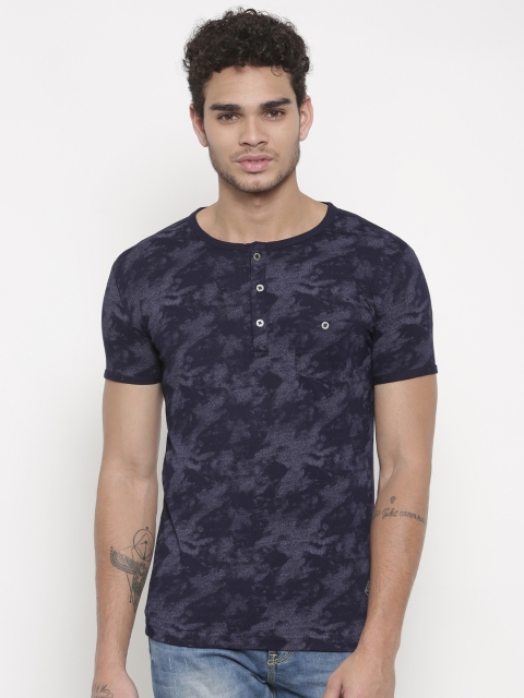 

Status Quo Men Navy Blue Printed Henley Neck T-shirt