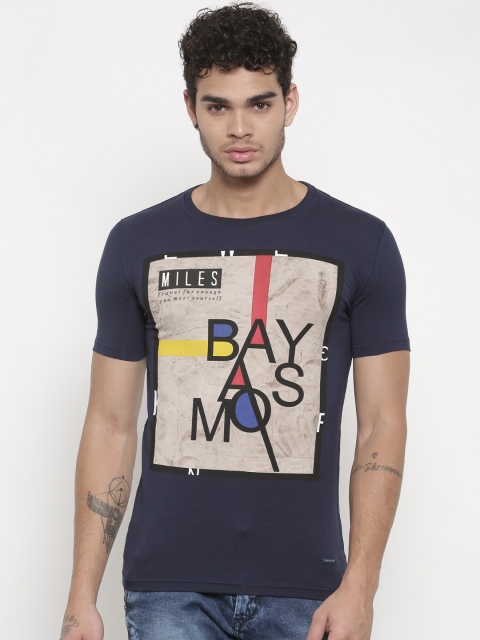 

Status Quo Men Navy Blue Printed Slim Fit Round Neck T-shirt