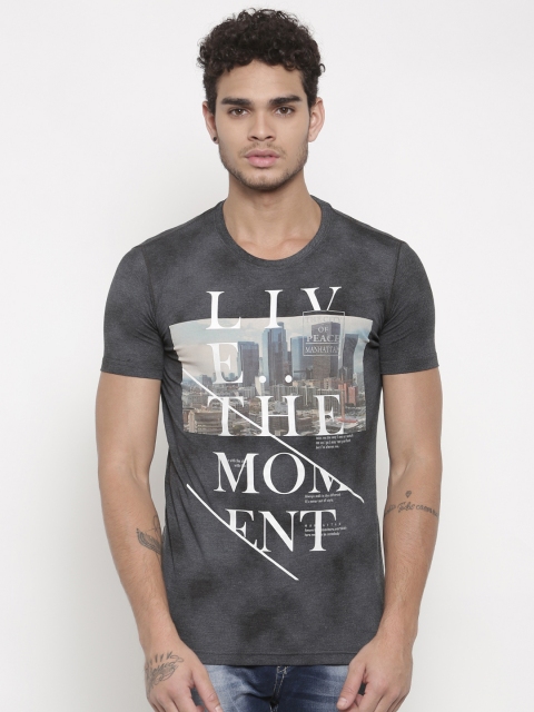 

Status Quo Men Charcoal Grey Slim Fit Printed Round Neck T-shirt