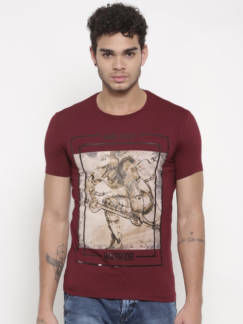 

Status Quo Men Maroon Slim Print Printed Round Neck T-shirt