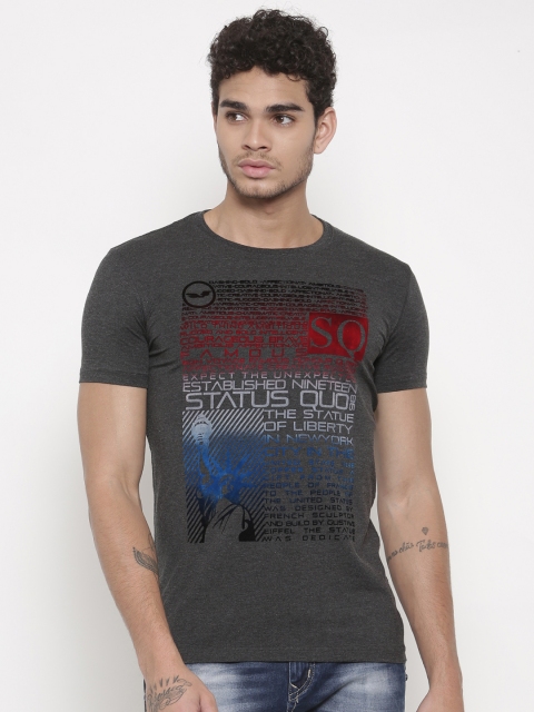 

Status Quo Men Charcoal Grey Slim Fit Printed Round Neck T-shirt