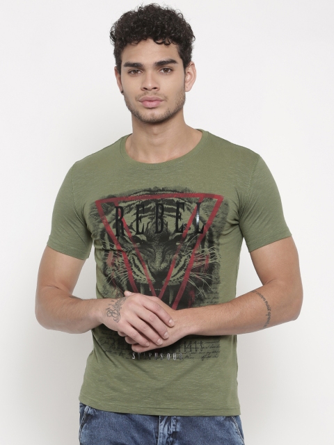

Status Quo Men Olive Green Printed Round Neck T-shirt