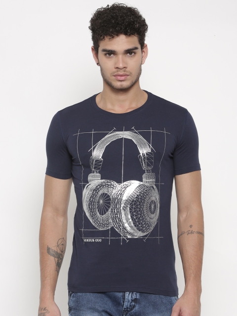 

Status Quo Men Navy Blue Printed Round Neck T-Shirt