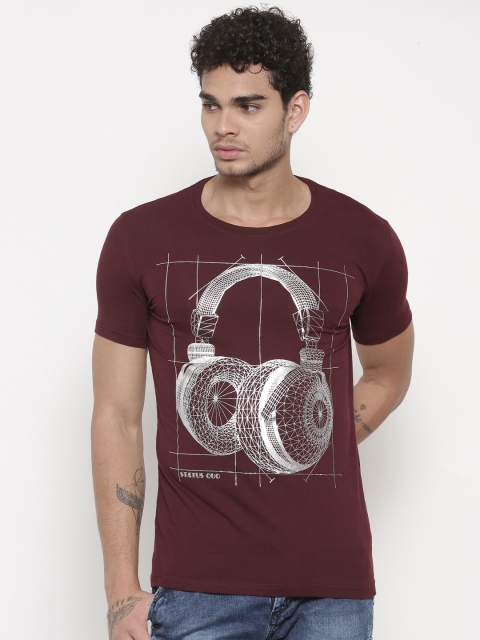 

Status Quo Men Burgundy Slim Fit Printed Round Neck T-shirt, Magenta