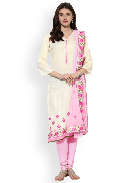 

Saree mall Cream-Coloured & Pink Cotton Blend Unstitched Dress Material