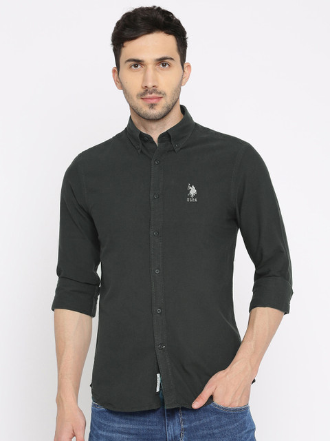 

U.S. Polo Assn. Men Charcoal Grey Tailored Fit Solid Casual Shirt