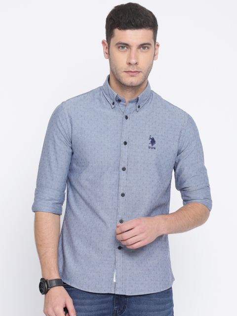 

U.S. Polo Assn. Men Blue Tailored Fit Self Design Casual Shirt
