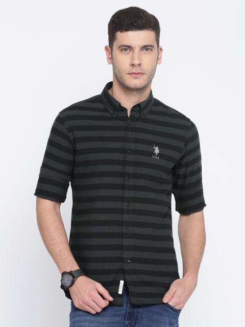 

U.S. Polo Assn. Men Black & Grey Tailored Fit Striped Casual Shirt