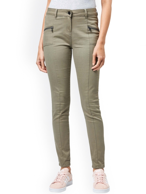 

next Women Khaki Regular Fit Solid Regular Trousers