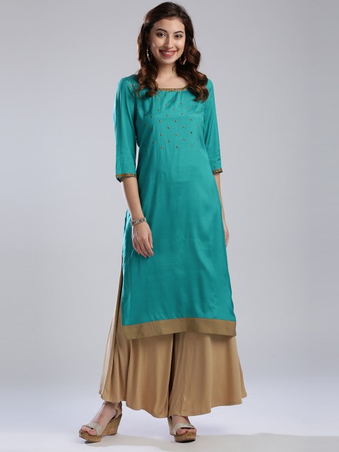 

WISHFUL by W Women Sea Green Solid Straight Kurta