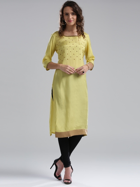 

Wishful by W Women Lemon Yellow Embellished Straight Kurta
