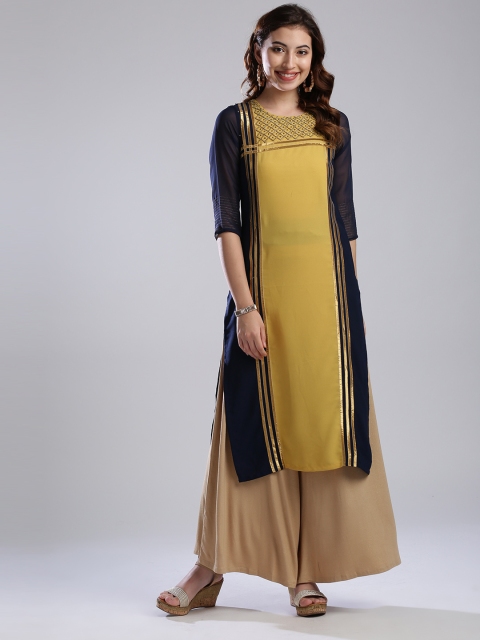 

WISHFUL by W Women Mustard Yellow & Navy Embellished Straight Kurta