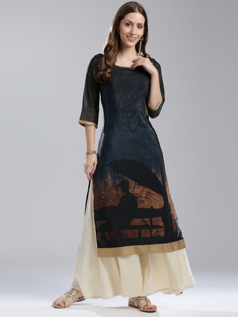 

Wishful by W Women Navy Printed Straight Kurta, Navy blue