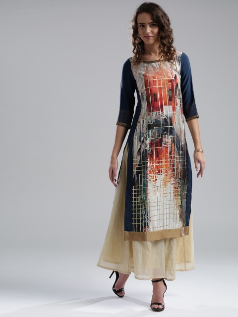 

WISHFUL by W Women Navy & Beige Printed Straight Kurta, Navy blue